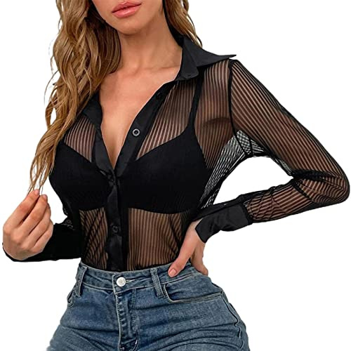 Damen Netz Oberteil Transparentes Shirt Sexy Netzoberteil Schwarz Mesh Sheer Oberteile Langarmshirt Durchsichtige Casual Tops Sheer Bluse Tüll Mesh T-Shirt Tunika Clubwear Party Tops (Black, XL)