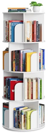 SpaceAid Drehbares Bücherregal im Kreuz-Stil, 4 Etagen, drehbares 360°-Bücherregal, Lazy Susan Tower, vertikal drehbares Bücherregal, Aufbewahrung, rundes Karussell, platzsparender Organizer, Weiß