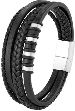 Hernin Leder Armreif Herren Armband Leder Schwarz Geflochten Leder Breites Wickelarmband Lederarmband Herren mit Magnet Verschluss Männer Personalisiertes Armband (Silber Verschlusses)