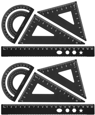 PATIKIL Set di Squadra Triangolare, Righello Metrico da 20cm in Alluminio, Squadra Triangolare 45°60° e Goniometro, 8Pz, Nero