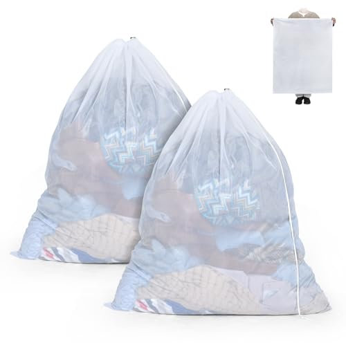 OTraki Ex-Large Mesh Laundry Bag 36x43 Inch Drawstring Laundry Wash Bags 2 Pack Dirty Clothes Net Laundry Bag Heavy Duty Travel Storage Organize Bag Don't Drying, Melting 140-176℉ White