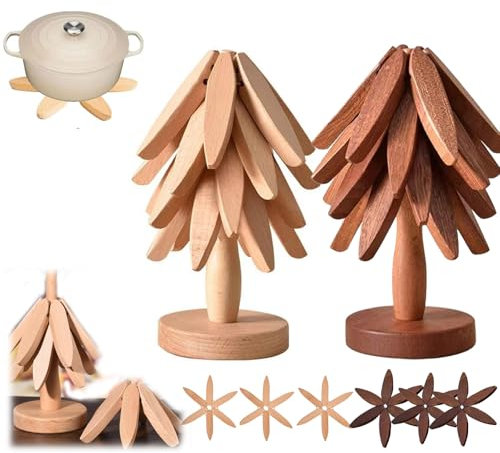 Lot de 6 sous-verres en bois avec dessous de plat pliable en forme d'arbre, parfaits pour servir des plats chauds (couleur bois d'origine et couleur noyer)