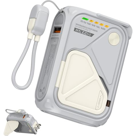 MEIYULIN Batterie externe sans fil pour iPhone, chargeur portable 3 en 1, 10 000 mAh, magnétique, avec prise murale CA, câble USB-C et Lightning et support de téléphone pour iPhone (gris)