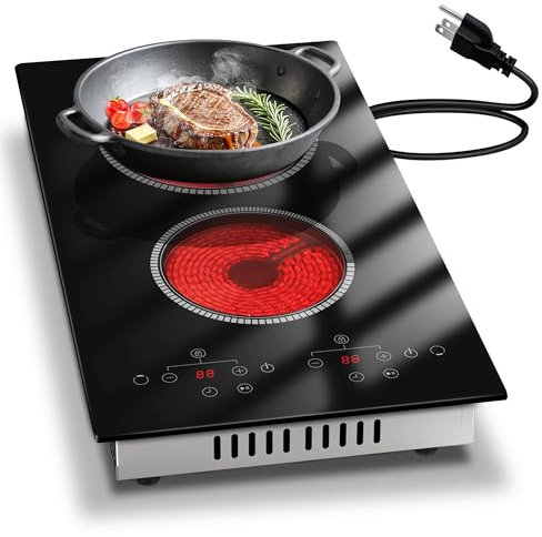 2 Burner Electric Cooktop, 12 Inch Electric Stove Top, 120V Double Burner Countertop Stove 2000W with Timer & 9-Level Adjustment, Sensor Touch Control, Child Lock, Built-in Radiant Cooktop Pladeca