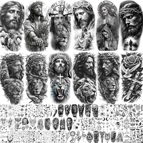 74 Blätter Jesus Christus Temporäre Tattoos Damen Herren, Groß Religiöse Gott Christliche Löwe kreuz Fake Tattoos Aufkleber Haut Klebetattoos Erwachsene, Realistisch Engel Jungfrau Maria Tattoo Set