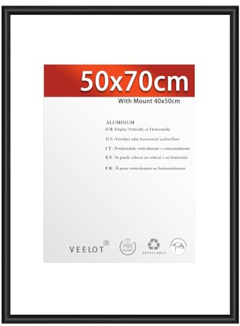 Veelot® 1x Cornici per Foto 50x70 cm,in Alluminio Metallo Nero,con Passepartout 40x50 cm. Ideali per Certificati e Diplomi di Grandi Dimensioni. Solo Montaggio a Parete.