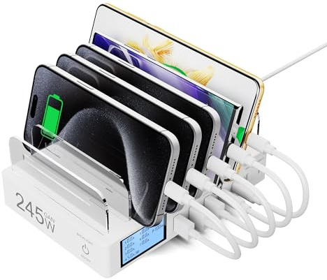 Sanicata 245W USB Charging Station,7 Port USB Charger Hub GaN Desktop Fast Charger for Multiple Devices, LCD Display Multi USB C Block Charger for MacBook iPhone 16 15 14 13 Pixel Samsung Galaxy iPad
