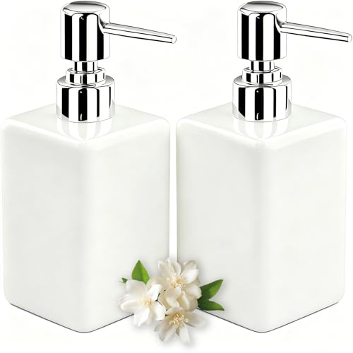 2PSC White Ceramic Soap Dispenser - 320ml/11oz Square Design with Long Spout & Rustproof Pump, Refillable for Shampoo/Liquid Soap, Bathroom & Kitchen Essential