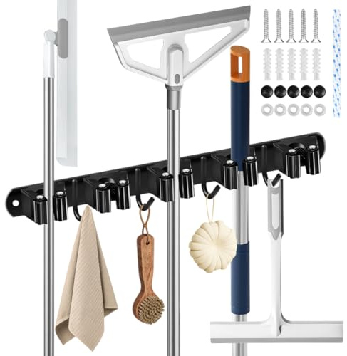 MIUUIPI Besenhalterung Wand, Besenschrank, Hakenleiste, Besenhalter mit Nails Installieren, Edelstahl Besenhalter für Küche, Badezimmer, Garage und Garten