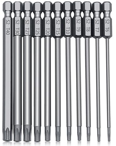 100mm Torx Screwdriver Bit Set - 11pcs Star Magnetic Security Star Bits T6-T40, 1/4 Inch Hex Shank S2 Steel Torx Bits for Impact Drivers, Power Tools, Auto Repair, Electronics, and Furniture