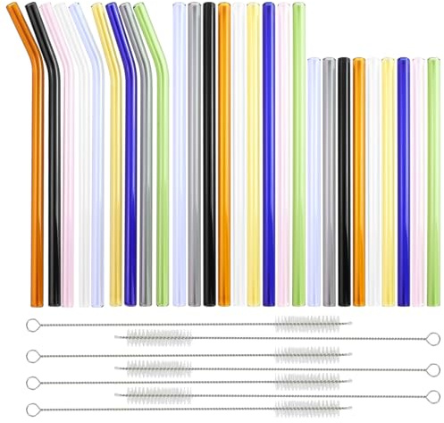 34 cannucce di vetro colorate riutilizzabili, curve, dritte, cannucce corte in vetro con 7 spazzole per la pulizia, cannucce in vetro altamente stabili, per caffè, cocktail, succhi di frutta