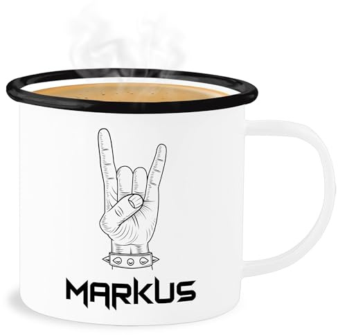 Emaille Becher Blechbecher - & - Heavy Metal Handzeichen Pommesgabel mit Name personalisiert I Metalhead Geschenk Metal Fan I Rockiges Geschenk Rock Fan I Rocker - 300 ml - Weiß Schwarz - fans