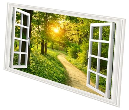 CLISPEED Autocollant Mural de Fenêtre 3d Imitation Vinyl Amovible Adhésif Doux, Décor Paysage Plage et Forêt pour Chambre ou Salon, Dimensions 86x56cm