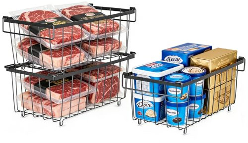 Stackable Chest Freezer Baskets 3-Pack with Handles – Deep Freezer Organiser for 5-7 Cu.Ft, Metal Wire Storage Bins with Anti-Slip Base, Sorts Food & Saves Space, 36x18x16cm, Black