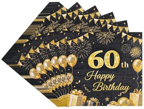 TOPWAYS Deko 60 Geburtstag Mann Frau, Servietten 60 Geburtstags Deko Schwarz Gold Papier Party Serviettens Tischdeko für Decorations 60. Geburtstag Frau Mann Servietten 40Stück (Geburtstag60)