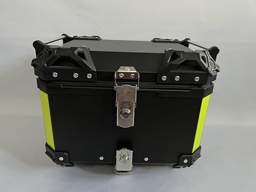 Hapihom Motorcycle Top Box, 65L Aluminum Alloy Universal Tail Box with Leather Lining, Waterproof Dustproof and Anti-Theft Storage Carrier Case with Lock & Backrest for Storage Helmet - Black