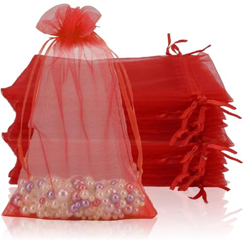 50 Bolsitas de Tela Pequeñas 10x15cm, Bolsas de Organza Rojas para Regalo, Saquitos de Tul con Cordón para Joyas, Dulces, Detalles de Boda, Bautizos y Comuniones