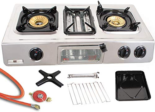 NJ The right choice Edelstahl Gaskocher 2-flammig mit Gasgrill Turbo-Brenner max. 9,7 KW mit WOK Funktion inkl. Gasherdkreuz, Gasschlauch 80cm, Druckminderer 50mbar (Flüssiggas)