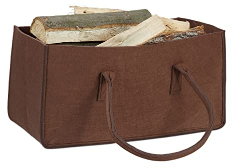 Relaxdays Borsa portalegna per camino in feltro cesto portatile portariviste pieghevole HxLxP: 25 x 25 x 50 cm marrone