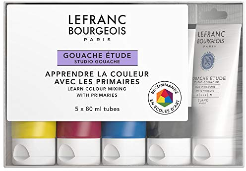 Lefranc Bourgeois 301241 Gouachefarbe, Primärfarben Set mit 5 Tuben, 80 ml Malfarbe pro Tube, kräftige, lichbeständige, deckende Farben mit gleichmäßiger cremiger Konsistenz