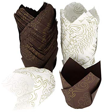 Tulip Cupcake per pirofila Cupcake Tazze da forno Tulipano, 2 colori di carta, muffin, muffin, pirottini per cupcake, muffin, per matrimoni, compleanni, feste, marrone e bianco, 100 pezzi
