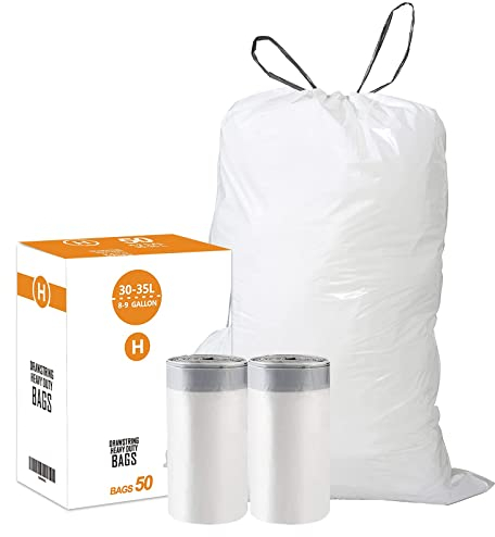 Code H (50 Count) 8-9 Gallon Heavy Duty Drawstring Plastic Trash Bags Compatible with simplehuman Code H | 1.2 Mil | White Drawstring Garbage Liners 8-9 Gallon/30-35 Liter