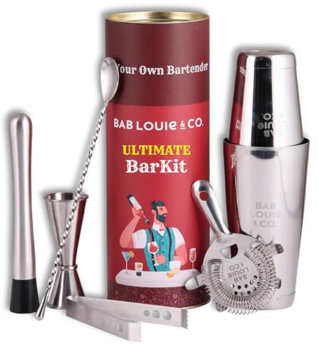 Bab Louie & Co. Juego de bar y cóctel, Ultimate BarKit, juego de coctelera para mezcla de bebidas, juego de 6 accesorios de barra de acero inoxidable y antioxidantes, kit de bar para regalo, el mejor