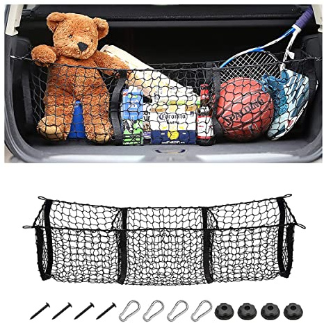 Cargo Net for Car, Expandable 3 Pocket Heavy-Duty Cargo Net Organizer, Black Mesh Storage Pocket with 4 Metal Carabiners Universal for Car, SUV, Pickup Truck, Van Trunk Bed