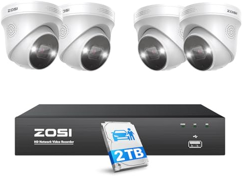 ZOSI 4K Spotlight PoE Security Camera System with Person Vehicle Detection,2 Way Audio,Color Night Vision,8 Port 16CH 8MP NVR with 2TB HDD,4pcs 5MP Outdoor PoE IP Cameras for Home 24/7 Recording