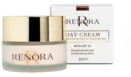 RENORA | Crema Hidratante Facial Día SPF 15| Antiedad con Partículas de Oro, Ácido Hialurónico, Jalea Real| Gran Luminosidad | Pieles Secas y Normales, Protección Solar SPF 15, Hidratación 24h | 50ml