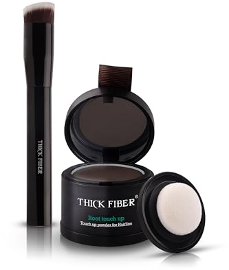 THICK FIBER Root Touch Up & Hairline Powder with Brush 4g – Covers Grey Roots & Thinning Hair – Sweat & Water Resistant – Hair Concealer for Bald Spots & Fill-In (Dark Brown) for Women & Men