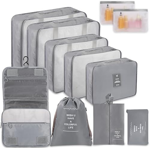 WECUTE Kofferorganizer-Set in Beige, 11-teiliges Packwürfel-Set, wasserdichte Reisetaschen, Urlaubs- und Reiseorganizer (Grau)