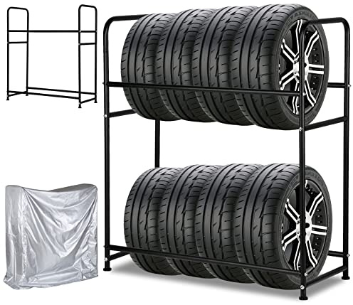 Yakimz Étagère à pneus 107 x 46 x 117cm Support pour 8 pneus capacité de charge 180kg, étagère de stockage hauteur réglable, avec housse de protection pour les pneus, pour garage cave atelier