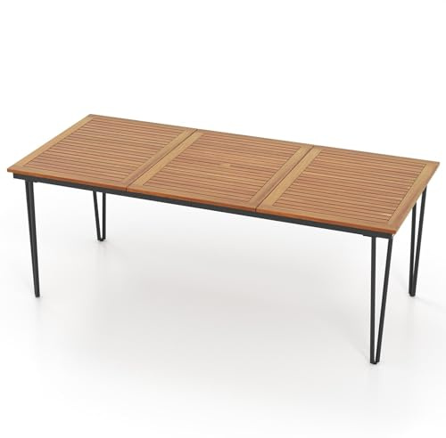TANGZON 200cm Garden Table for 8, Solid Acacia Wood Outdoor Dining Table with Parasol Hole, Slatted Tabletop & Metal Legs, Patio Tables Furniture for Balcony Bistro Terrace Backyard (200x90x75cm)