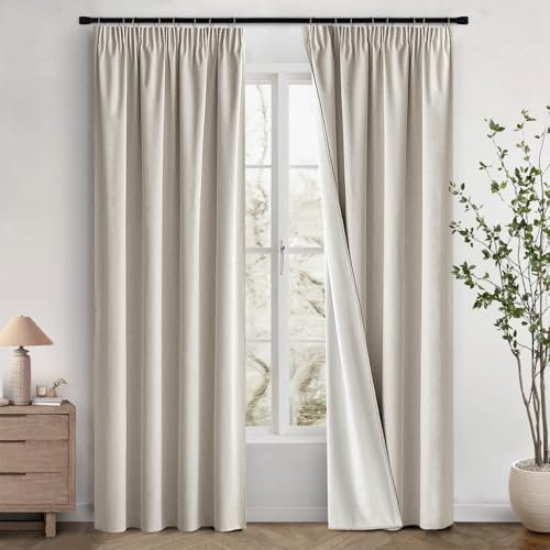 MIULEE 100% Blickdichte Vorhänge mit Kräuselband Leinenoptik, Verdunkelungsvorhang Gardinen Thermovorhang Kälteschutz Fenster Wohnzimmer Modern Schlafzimmer Balkontür, 2er Set,140X260CM, Natur Beige