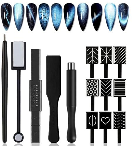 Umiup Nail Art Werkzeug Magnetstift, 14 Stück DIY 3D Nagel Magnet Stick Tool Set Verwendung mit Cat Eye Gel Pulver oder Nagellack (Schwarz NEU)