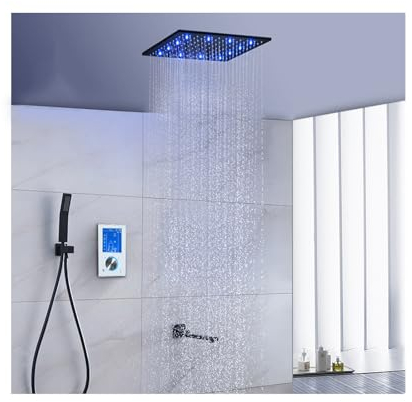 SWHC Duschsystem Schwarz LED Unterputz Duscharmatur Set Digitale Anzeige Dusche Regendusche Set 3 Funktionen Duschgarnitur mit 40 * 40cm Regendusche, Handbrause, Drehbar Badewannenarmatur