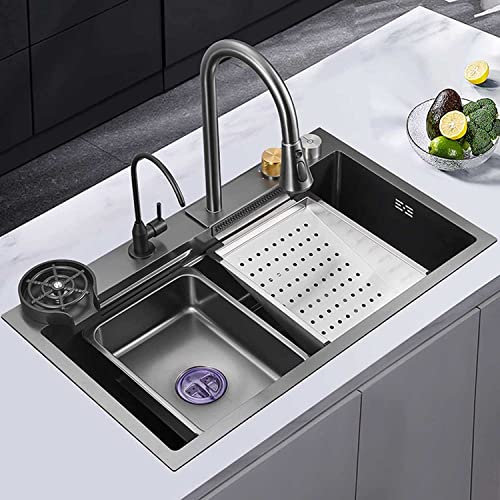Wasserfall-Spültisch-Küchenarmatur mit Glaswaschanlage – multifunktionaler schwarzer Arbeitsplatz – Zubehör-Küchenspüle