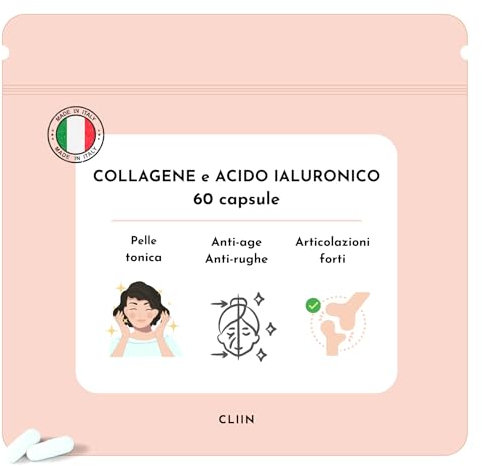 Collagene marino con Acido Ialuronico, Integratore alimentare Naturale Made in Italy, 60 capsule, Collagene e Acido Ialuronico, Antirughe, Antiage, Cura della Pelle, Capelli e Unghie forti