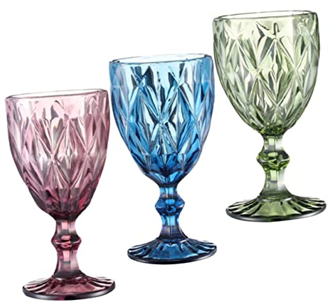 Cabilock 3piezas Copas De Vino Vintage Vidrio Coloreado Resistente Para Cócteles Whisky y Agua Vasos De Cristal Con Rosa Azul y Verde Para Fiestas y Cenas