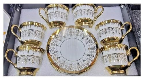 Turkish Tea Set – 6 White and Gold Cups with Saucers – Elegant Intricate Design, Durable Construction for Serving Turkish Tea and Arabic Coffee – for Home, Office, Weddings, and Gifting