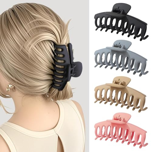 PUSCOBSY Haarspangen für Damen Haarklammer Groß für Dickes Haar 11 cm Rutschfest Haarklammern 4 Stück Starker Halt Haarspange, Schwarz Hellbraun Graublau Rosa