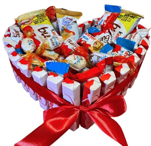 Donda's House® Cesta Kinder. Tarta Kinder. Corazon HAPPY HIPPO. Regalo origonal pareja. Kinde Bueno. Chocolatinas. Contiene 50 Piezas. Corazon de Chocolate. Schokobons.