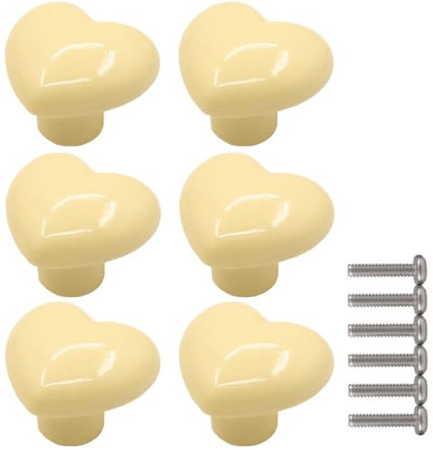 ZESLIV 6 Stk Möbelknöpfe Möbelgriffe aus Keramik, Herzform Schubladenknopf Schranktürknöpfe Möbelknopf Kinderzimmer Möbelknauf, Beige