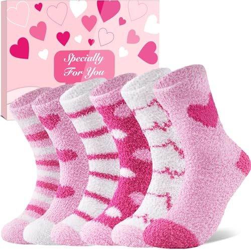 Niofind Fluffy Socks for Women and Girls, 6 Pairs Valentine Gifts for Her, Warm Cosy Bed Heart Sock, Thick Soft Winter Fuzzy Socks for Causal Home Sleeping