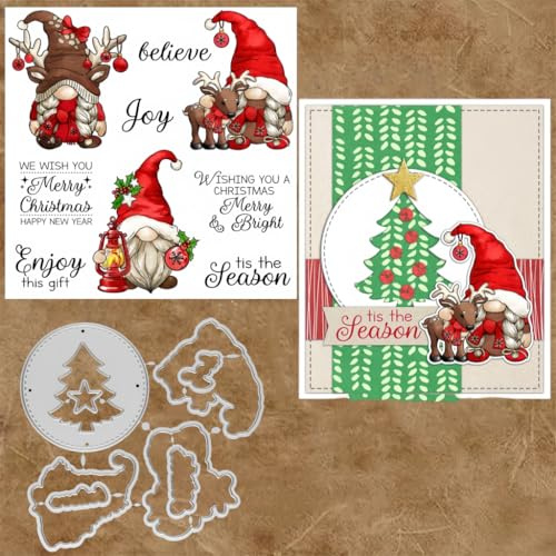 Sredwtk Weihnachtsbaum Gnome Stanzschablonen und Stempelset,Stempel und Stanzen Set,Silikonstempel und Stanzen Set,Clear Stamp und Stanzschablone Für DIY Scrapbooking Fotoalbum Dekor Karten
