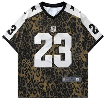 GORGLITTER Men's Leopard Number Graphic Jersey Shirts Colorblock V Neck Short Sleeve Y2k Sports Tee Tops