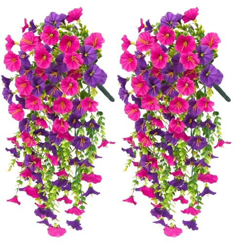 PcvGef 2 Kunstblumen Für Draußen, Kunstblumen Hängend, Hängepflanze Für Wanddekoration Und Hochzeitsdekoration, Lila-Rote Morning Glory, 75 cm/29.52in