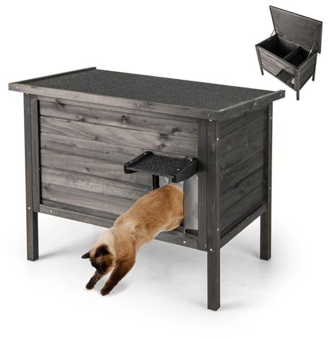 GOPLUS Katzenhaus Outdoor, Katzenhöhle aus Tannenholz mit geneigtem Asphaltdach, Katzenversteck mit erhöhte Basis und abnehmbare Trennwand für Draußen, 88 x 55 x 71 cm (L x B x H) (Schwarz)