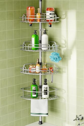 HAMITOR Telescopic Shower Caddy, 4 Tier Adjustable Bathroom Organizer | No-Drill Telescopic Pole Shower Organizer with Stainless Steel Shelves, Adjustable Height Storage for Small Bathrooms.